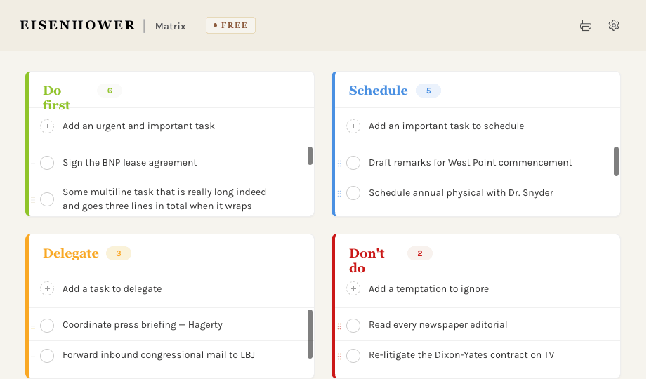 Eisenhower Matrix app preview with Do first, Schedule, Delegate, and Don't do quadrants
